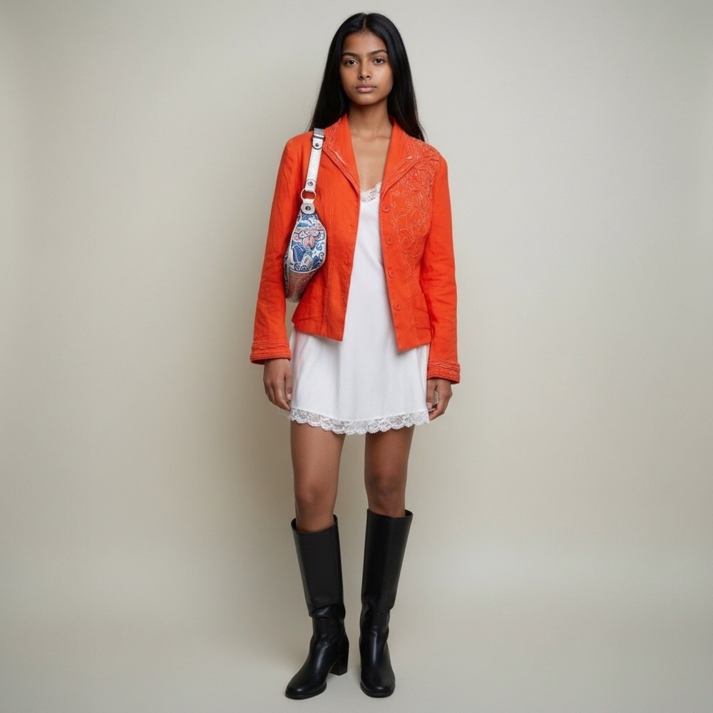 Coldwater Creek‎ Orange Linen Blend Embroidered Jacket Blazer boho hippy luxe P6